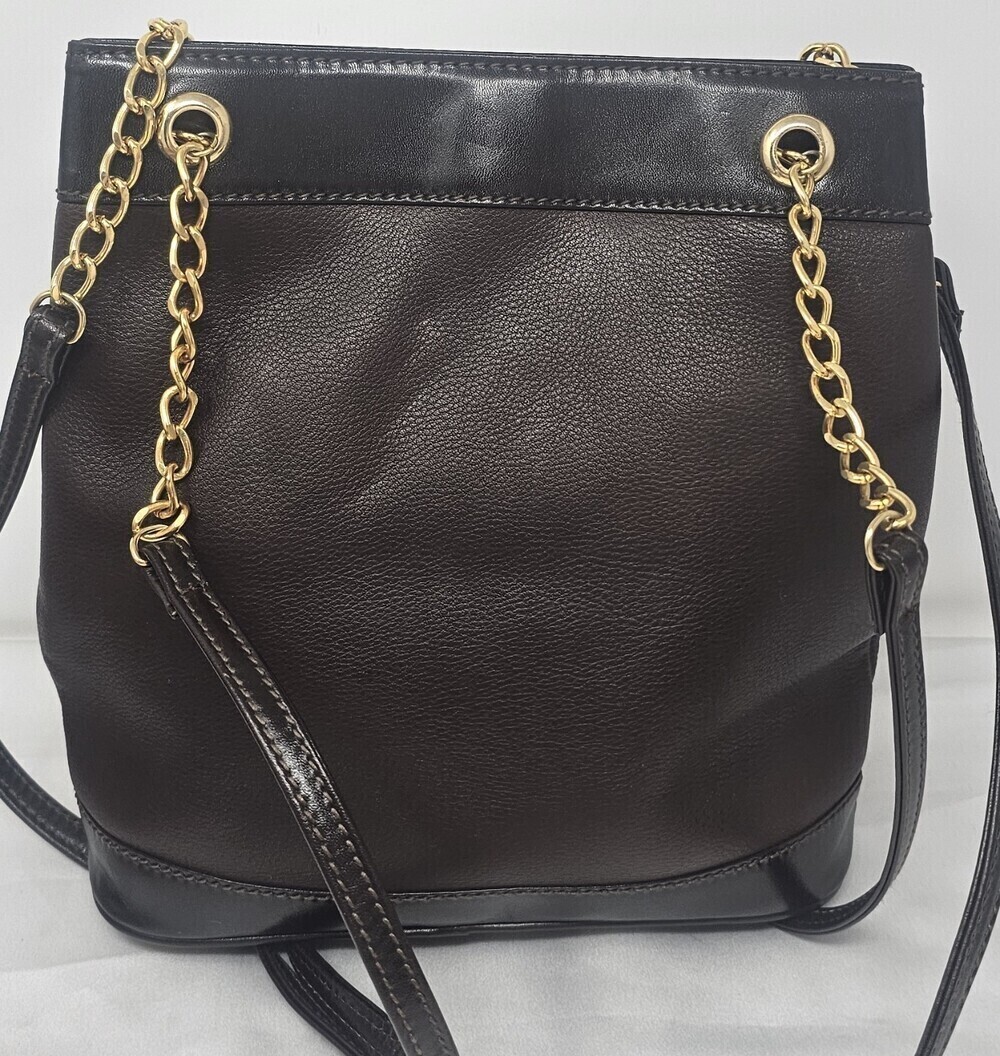 HCL Germany Vintage Leather Bucket Shoulder Bag Gold Chain Front Flap Brown - Picture 2 of 13